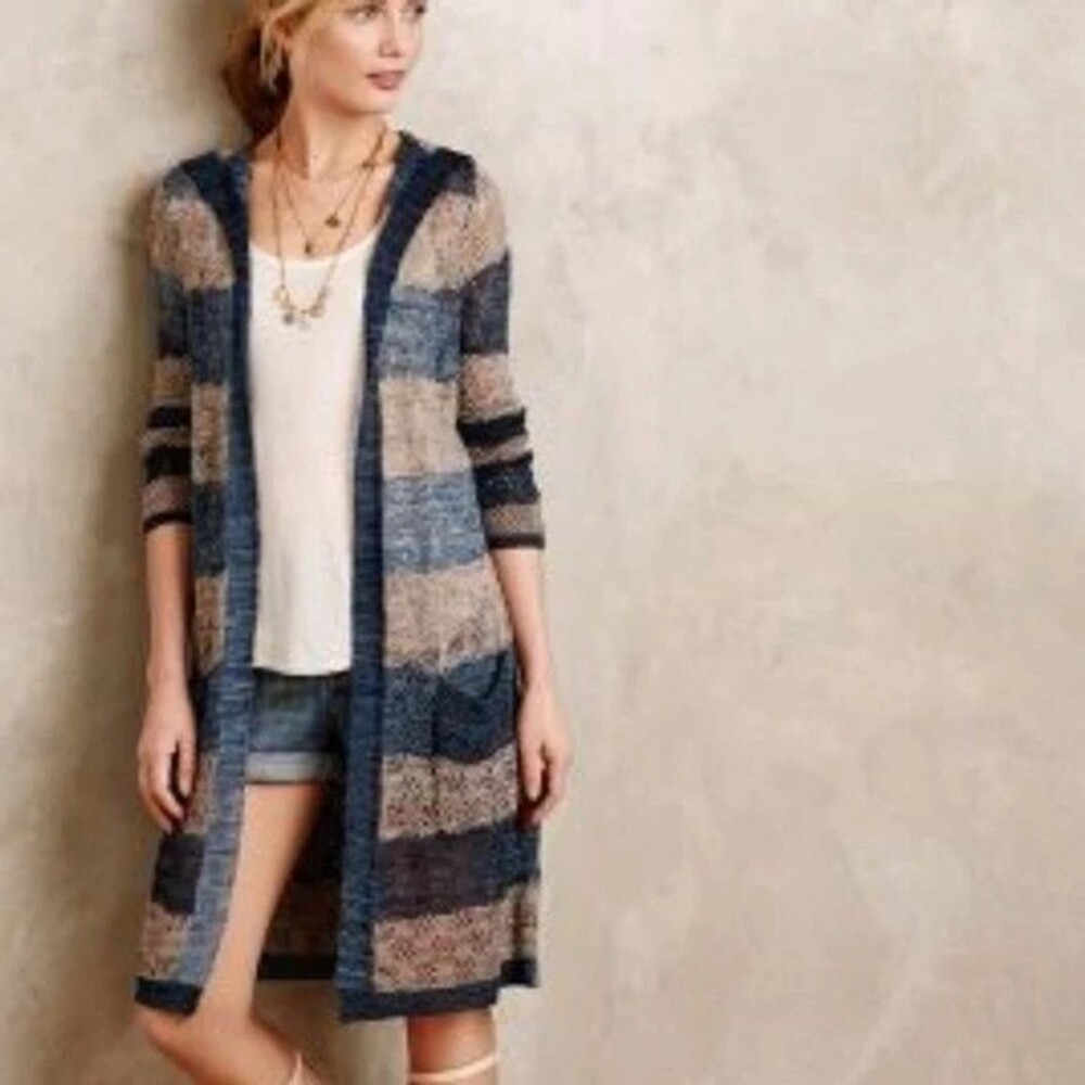 Anthropologie Moth Salema Linen Blend Hooded Duster Cardigan Sweater L Striped